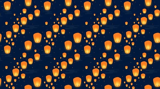Glowing sky lanterns floating in the dark night sky seamless pattern