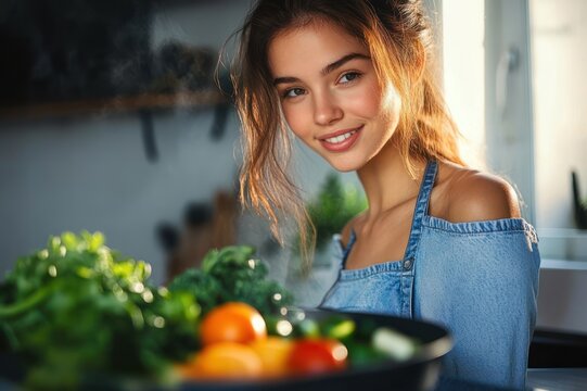 Woman in denim apron cooking colorful vegetables in a sunlit kitchen, steam rising, calm focused expression, warm cozy atmosphere