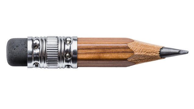 Isolated stubby wooden pencil with an attached grey rubber eraser and sharp graphite tip