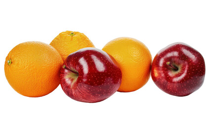 Isolated fresh red apples and ripe oranges arranged side by side on a clean surface