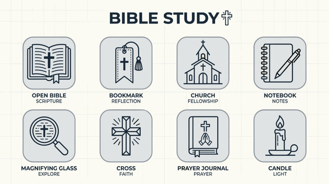 Minimalist Bible Study Icon Set with Open Bible Bookmark Church Notebook Cross Prayer Journal Candle and Magnifying Glass, Monochrome Gray Vector Icons Collection