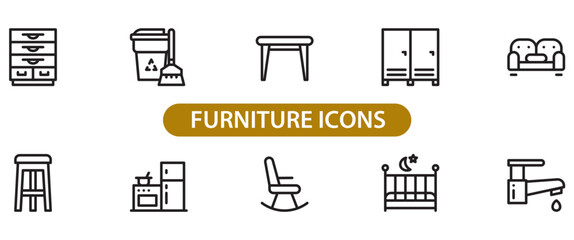 Obraz premium Detailed collection of simple black line art icons representing various household furniture items and home appliances arranged in two neat rows against a plain white background for modern design 