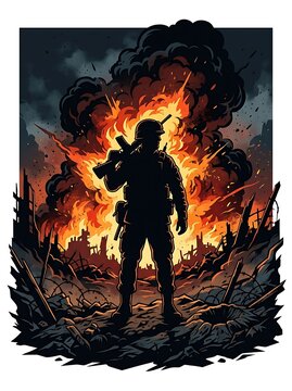 Silhouette of a soldier standing against a fiery explosion in ruins