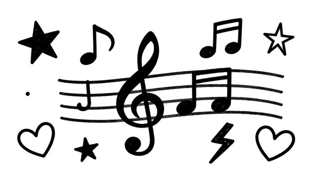 Minimalist crayon music notes hearts and stars design elements