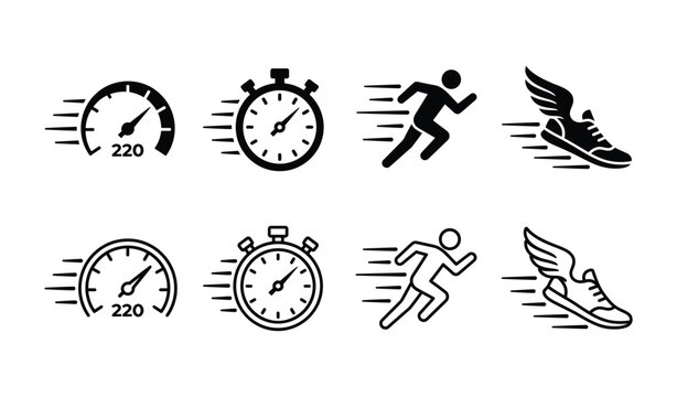 Speed and timing measurement icon set. Containing speedometer, stopwatch, running person, and winged shoe icons. Vector illustration