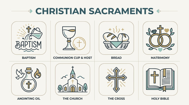 Elegant Christian Sacraments and Sacred Symbols Line Art Icon Set Vector Illustration with Soft Neutral Color Palette