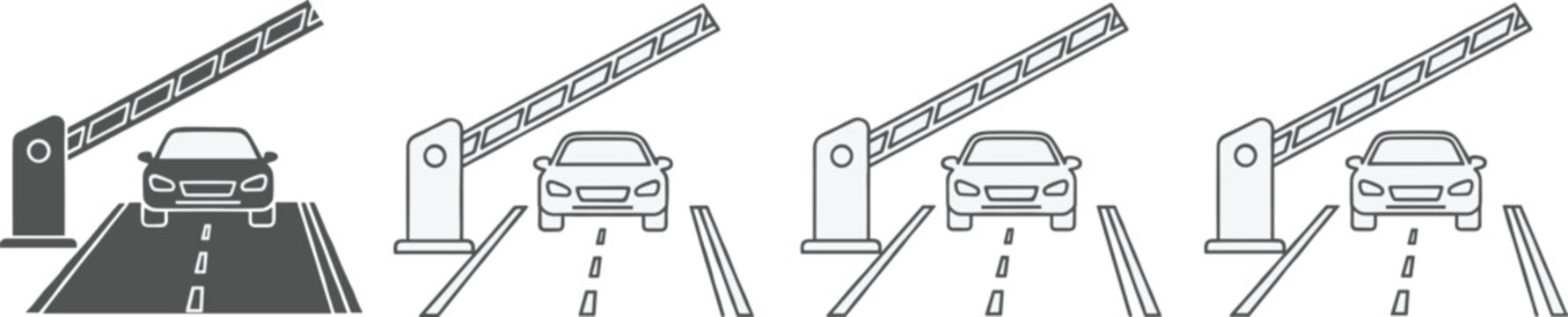 Vector collection of car toll booth icons, parking lot barriers, and automatic gate symbols for transportation.