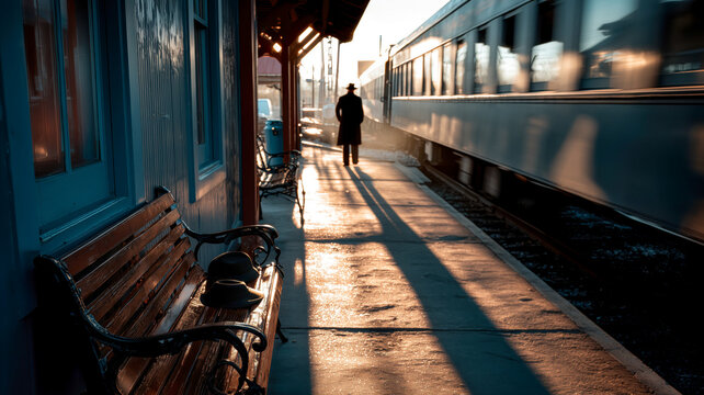 Evening train station, long shadows and departing figure