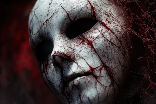 cracked white mask with hollow black eye sockets and blood-red fissures tangled in cobwebs, close-up conveying haunting dread and sinister decay