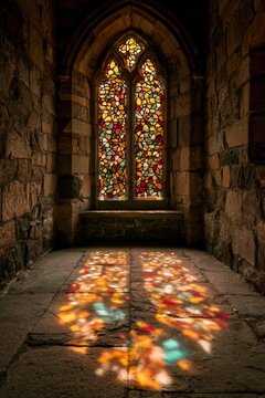 Gothic stained glass window casting colorful light in stone corridor