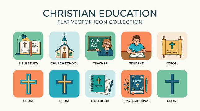 Christian education and sunday school flat vector icon collection. Religious study elements with bible study, church school, teacher, student writing, ancient scroll, notebook, prayer journal