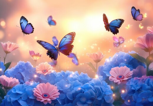 blue hydrangea and pink daisy garden with fluttering blue butterflies in a warm glowing sunset, dreamy magical and serene mood