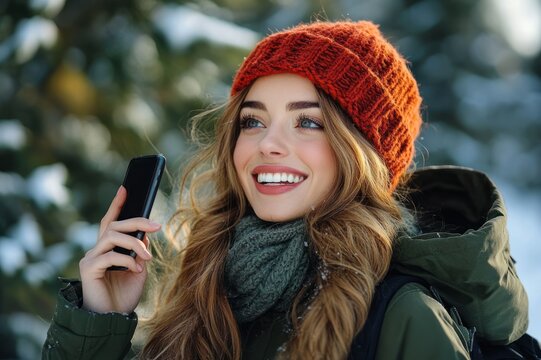 person in orange knit hat and green winter coat talking on phone outdoors in snowy evergreen forest, bundled with scarf, calm and engaged