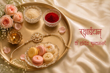 Naklejka premium Luxury Raksha Bandhan Rakhi Flat Lay creative background In Hindi Gujrati Marathi 