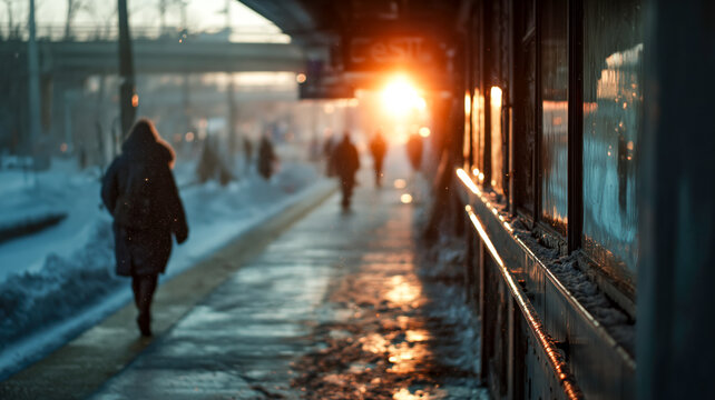 Golden Hour Glow on a Snowy Train Platform