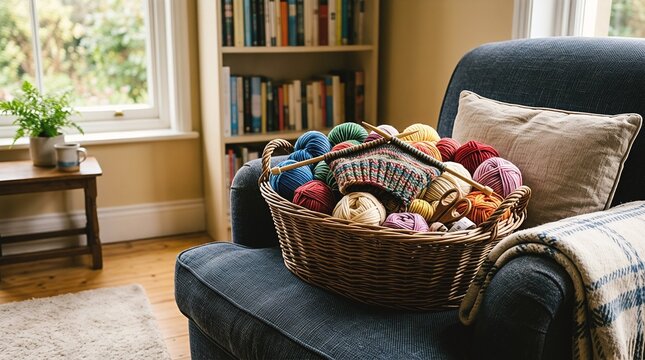 Wicker basket filled with colorful yarn balls and knitting needles