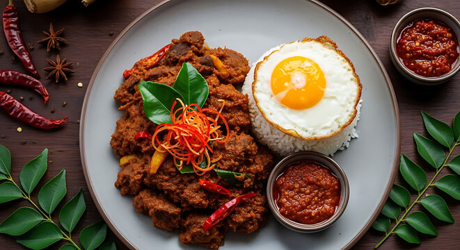 Beef rendang served with steamed white rice and a fried egg sits on a dark wooden table background.