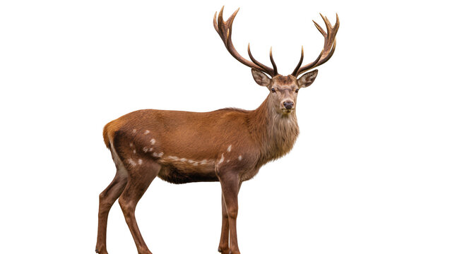 Isolated powerful red deer stag with impressive antlers standing on clear background