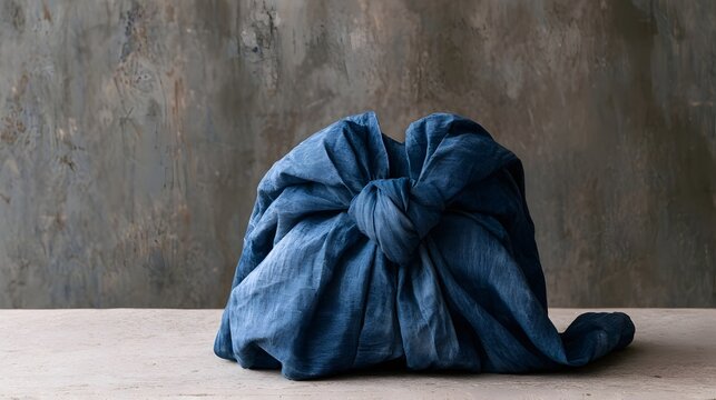 A blue fabric bundle tied in a knot sits on a wooden surface against a textured concrete wall