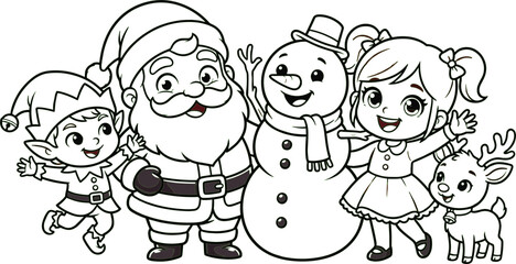 Christmas coloring page with Santa Claus elf snowman girl and cute reindeer vector illustration © Md Atiar Rahman