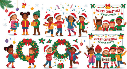 Fototapeta premium Cute cartoon children celebrating winter school party Christmas vector illustration bundle with gifts and wreaths