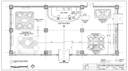 Architectural floor plan of a hotel lobby with furniture layout and dimensions © Saharia