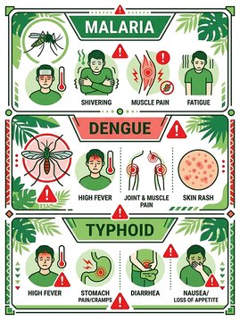 Medical infographic showing symptoms of malaria dengue and typhoid