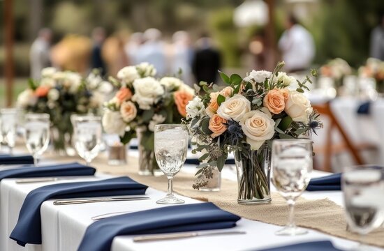 Outdoor reception table with peach and white rose centerpieces in glass vases, navy napkins, crystal glassware and burlap runner conveying an elegant romantic festive atmosphere