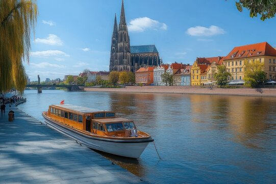 Serene riverside scene with docked wooden sightseeing boat, calm reflective river, willow tree, promenade with people and towering twin-spired cathedral beside colorful historic houses