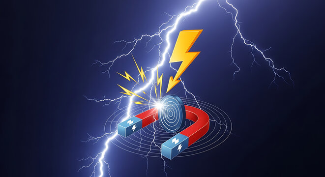 Magnet attracting lightning bolt. Powerful magnetic force pulling electricity. Energy concept art.
