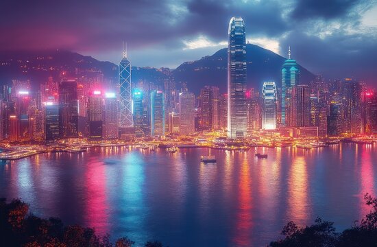 Neon-lit skyline of towering skyscrapers along a calm harbor at night with colorful reflections and dramatic clouds, evoking awe and serene urban energy