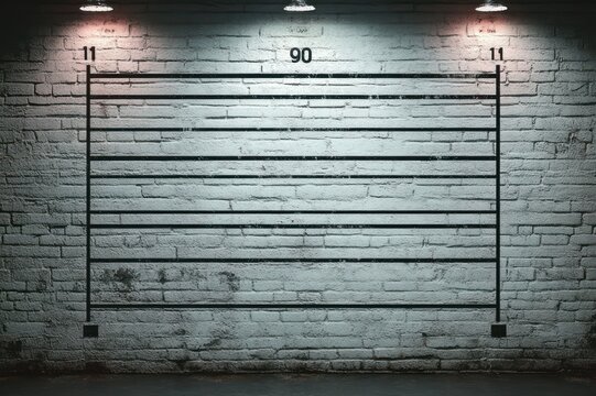 Moody industrial brick wall with black measurement grid marked 90 and 11, parallel horizontal lines between vertical posts, three overhead lamps and worn concrete floor