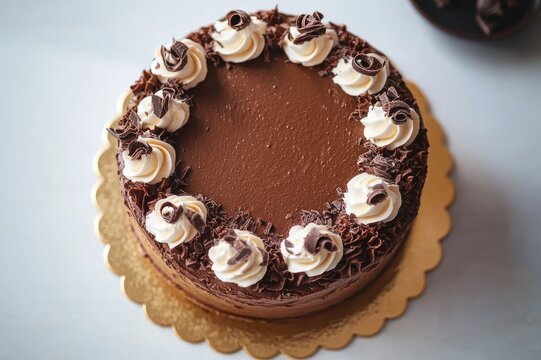 round chocolate cake with smooth chocolate frosting, whipped cream rosettes and chocolate curls on a gold cake board, indulgent and elegant dessert