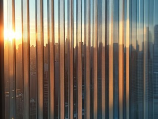 Fototapeta premium sunlit city skyline seen through vertical glass panels at golden hour, warm reflective and calm mood