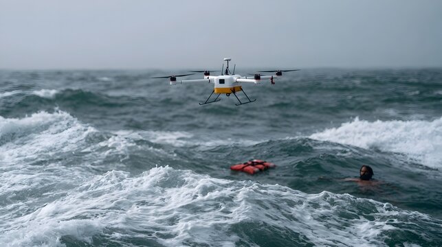 A white and yellow drone hovers above turbulent ocean waters near a person swimming and an orange life vest