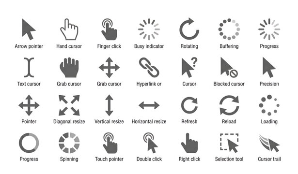 Gray Mouse Cursor and Loading Icons Set Modern Pointer UI Vector Illustration
