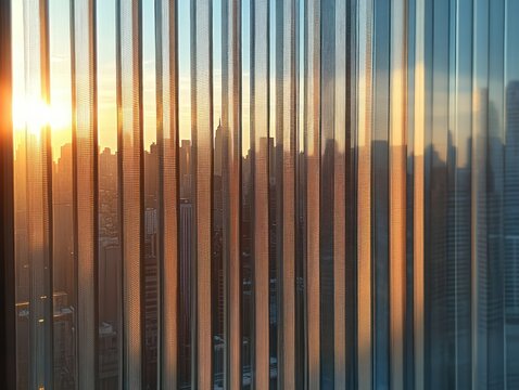 sunlit city skyline seen through vertical glass panels at golden hour, warm reflective and calm mood