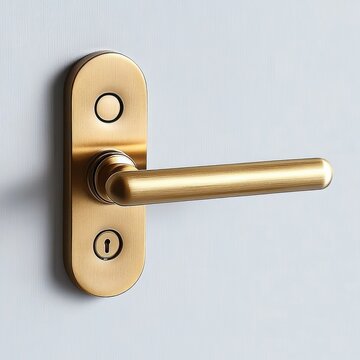 Polished brass door lever on oval backplate with keyhole and round lock button on clean white door, minimalist and inviting
