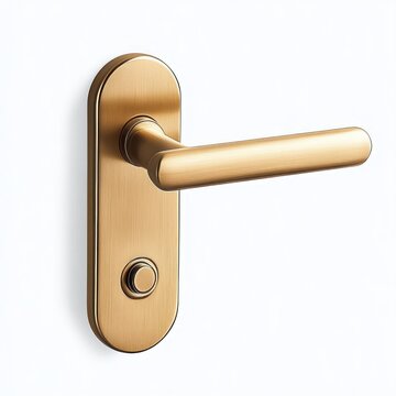 brushed brass door lever handle on oval backplate with round push lock button, sleek elegant minimalist metallic hardware on white background