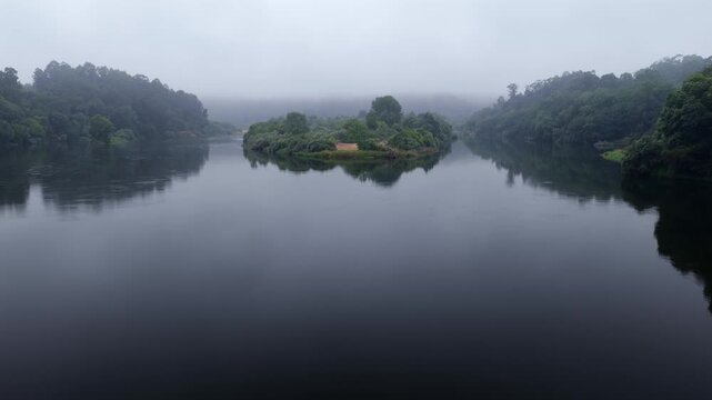 Aerial View of Lush Riparian Forest Along the R&iacute;o Mi&ntilde;o and Rio Minho Border Between Galicia Spain and Portugal