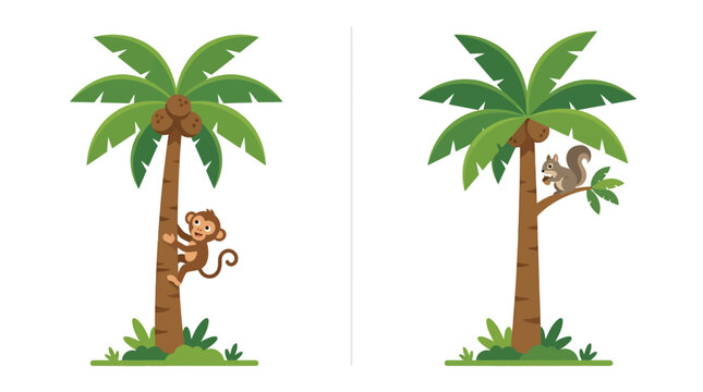Flat vector illustration of monkey and squirrel on palm trees