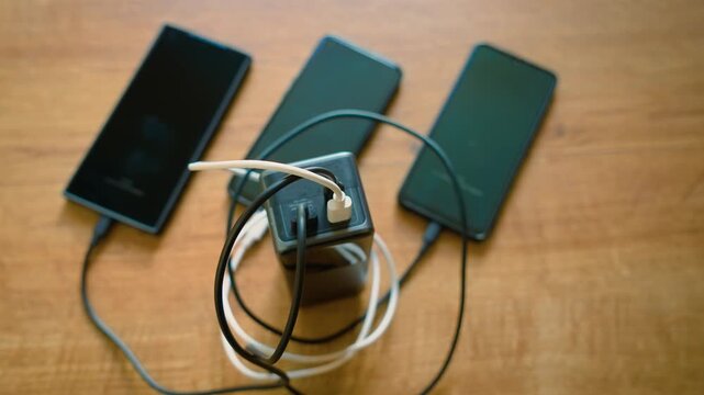Three smartphones charging from power bank using multiple cables portable charger powering mobile devices. External battery supplying energy to several phones at once in active charging setup. Multi