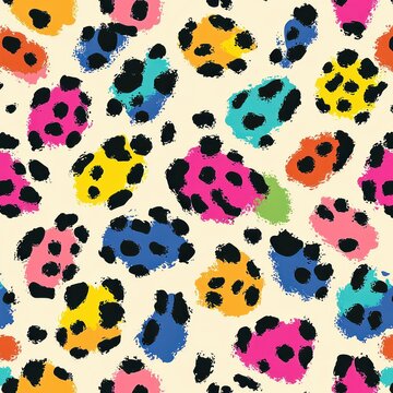playful colorful leopard spot pattern with black brushstroke splotches on a light beige background, energetic hand-painted texture