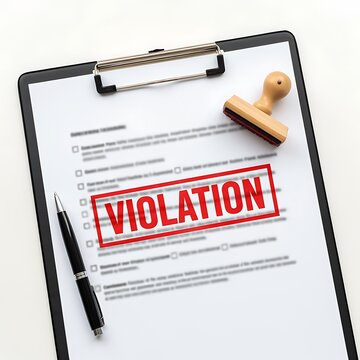 Violation Stamp on Document with Clipboard and Pen Signifies Non compliance