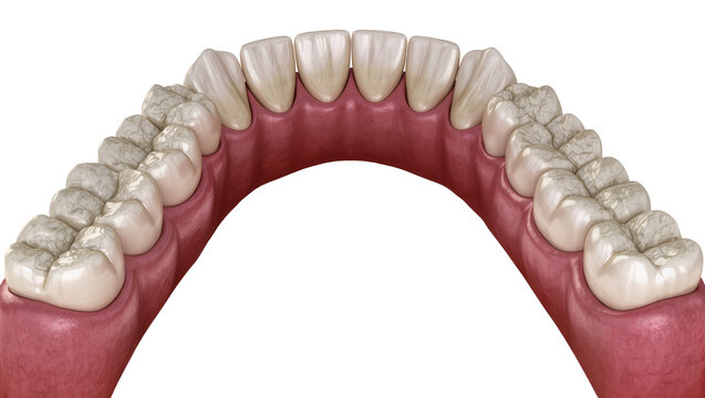 Isolated anatomical 3D rendering of healthy human lower jaw arch with full set of teeth and pink gums