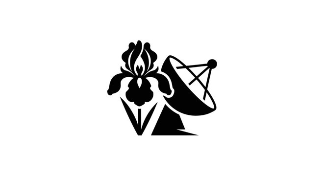 Iris flower and satellite dish black silhouette logo.