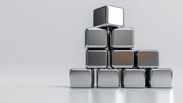nine reflective chrome metal cubes stacked in a stepped pyramid on a clean white surface, minimalist and futuristic mood