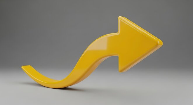 Glossy Yellow 3D Curved Arrow Pointing Upwards Symbolizing Growth and Success on a Gray Background