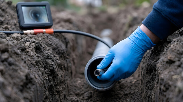 Plumber Using Endoscope Inspection Camera for Underground Pipe | Professional Drain Inspection Tool with Digital Monitor | Technician Hand in Glove Checking Sewer Line | Borescope Camera Diagnosing 