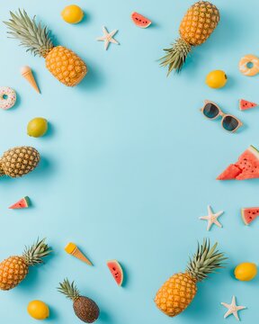 A vibrant flat lay composition of summer-themed elements including pineapples, lemons, watermelon slices, starfish, ice cream cones, sunglasses, and donuts arranged on a pastel blue background